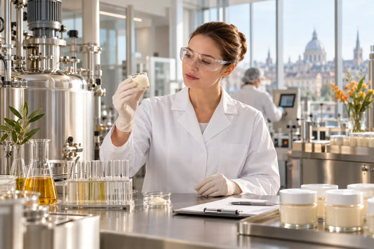 Científica evaluando una crema solar en un laboratorio europeo de fabricación